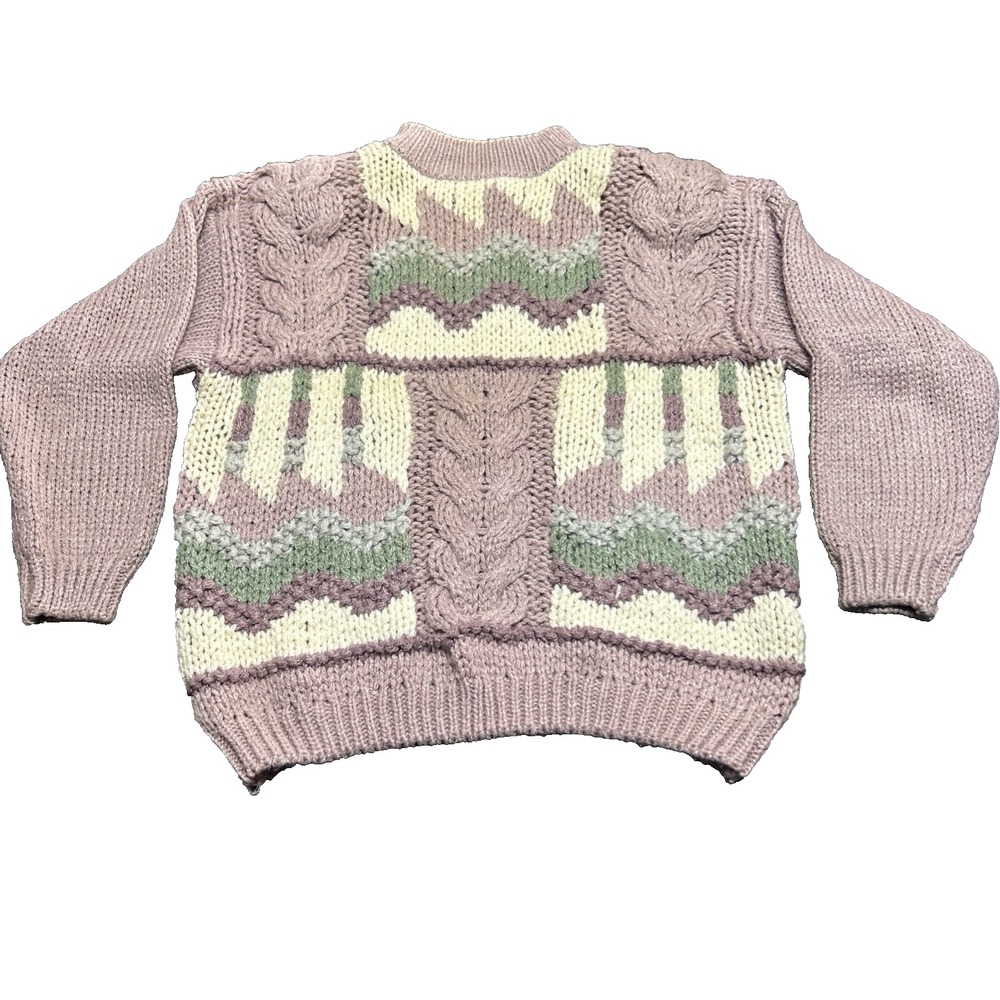 VTG Bramble Lane Hand Knit Sweater Sz M Ramie Blend Floral Cottagecore Geometric